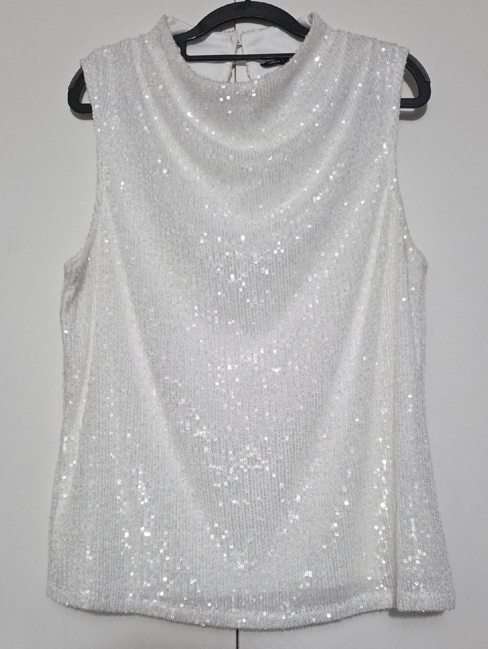 Cable & Gauge White Sequin Sleeveless Cowl Neck Tank, XL